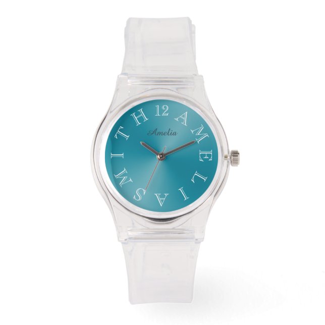 Personalised White Letter Dial Teal Blue Gradient Watch (Front)