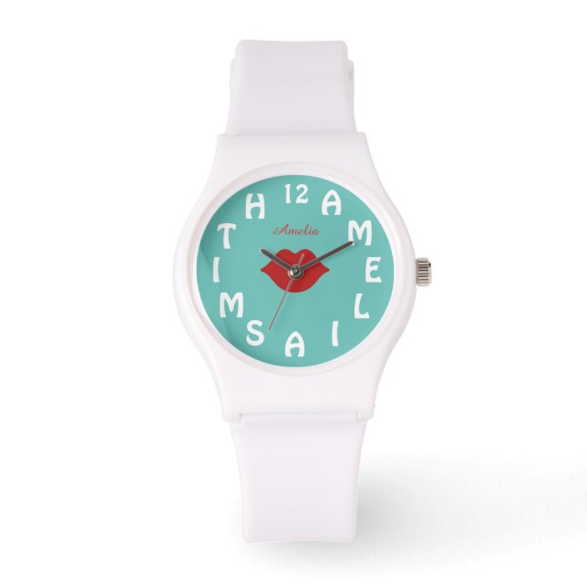 Personalised White Letter Dial Teal Red Lips Watch (Front)