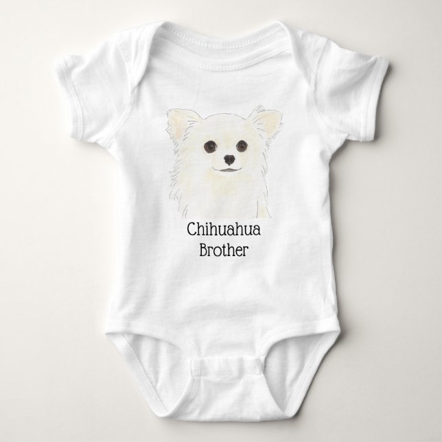 Personalised White Long Haired Chihuahua Dog Baby Bodysuit (Front)