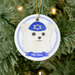 Personalised White Long Haired Chihuahua Hanukkah Ceramic Tree Decoration<br><div class="desc">Celebrate your favourite mensch on a bench with personalised ornament! This design features a sweet illustration of a white long haired chihuahua dog with a blue and white yarmulke. For the most thoughtful gifts, pair it with another item from my collection! To see more work and learn about this artist,...</div>