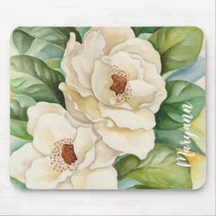 Personalised White Magnolia Flowers Watercolor Mouse Pad