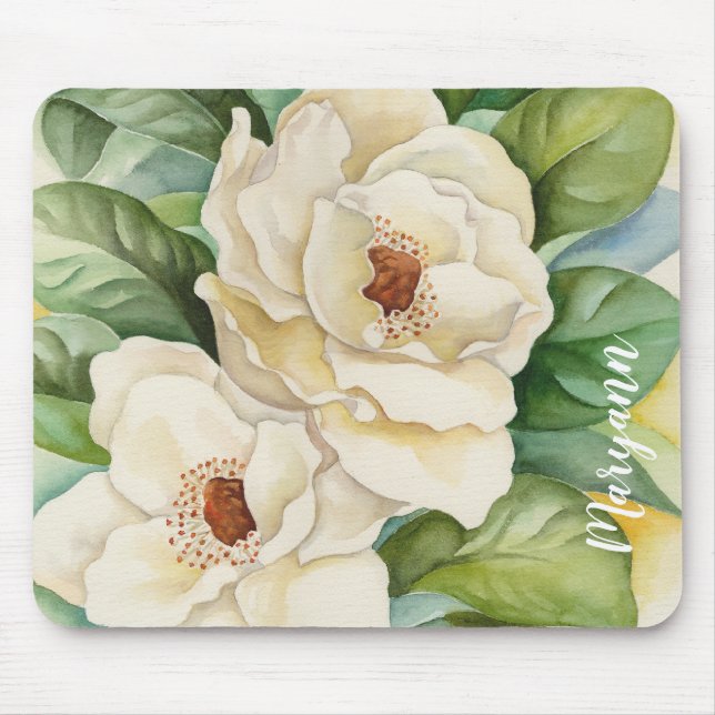 Personalised White Magnolia Flowers Watercolor Mouse Pad (Front)
