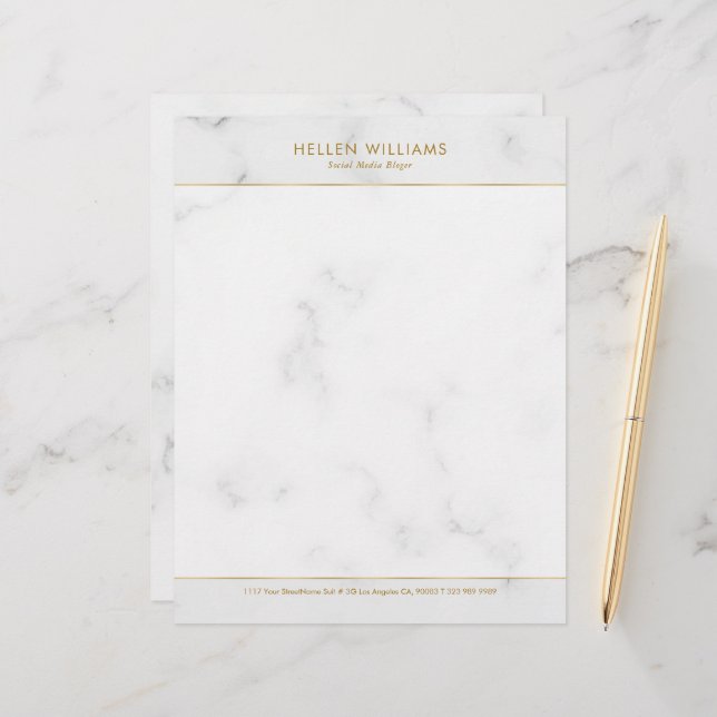 Personalised White Marble Gold Stroke Accent Custom Letterhead (Front/Back In Situ)