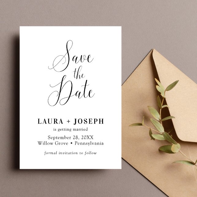 Personalised White Minimalist Calligraphy Script Save The Date (Personalized white minimalist calligraphy script save the date sets a romantic tone for your wedding)