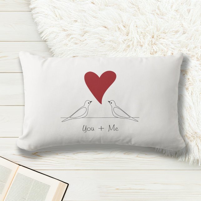 Personalised White Modern Birds in Love Red Heart Lumbar Cushion (Creator Uploaded)
