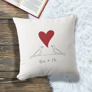 Personalised White Modern Love Birds Red Heart Cushion