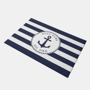 Personalised White Navy Blue Nautical Anchor Doormat