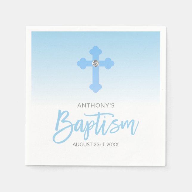 Personalised White Pastel Blue Boy Cross BAPTISM Napkin (Front)