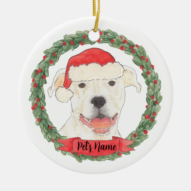 Personalised White Pitbull Staffy Ceramic Tree Decoration (Front)