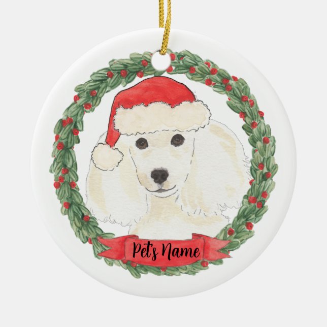 Personalised White Poodle Ceramic Tree Decoration (Front)