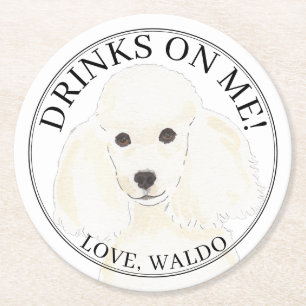 Personalised White Poodle Dog Wedding Round Paper Coaster