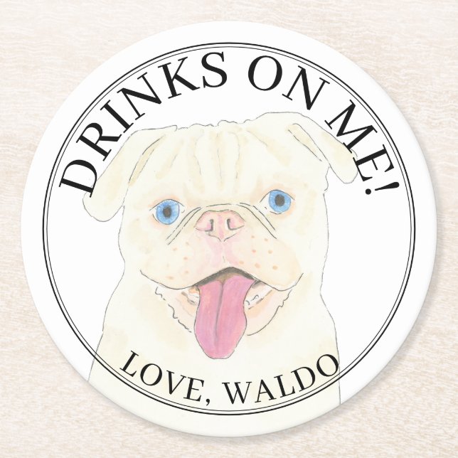 Personalised White Pug Dog Wedding Round Paper Coaster (Front)