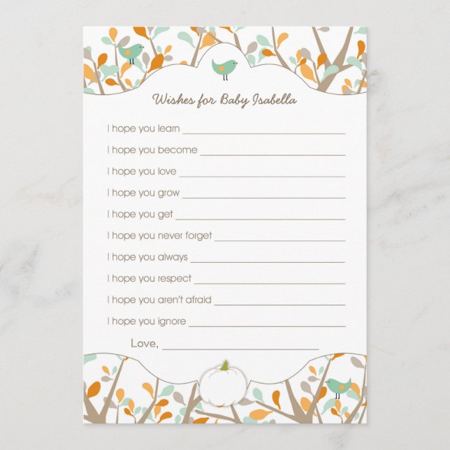 Personalised White pumpkin baby shower wishes Advice Card (Front)