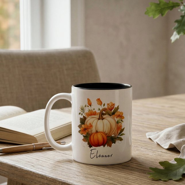 Personalised White Pumpkin Fall Floral Gift Two-Tone Coffee Mug (Creator Uploaded)