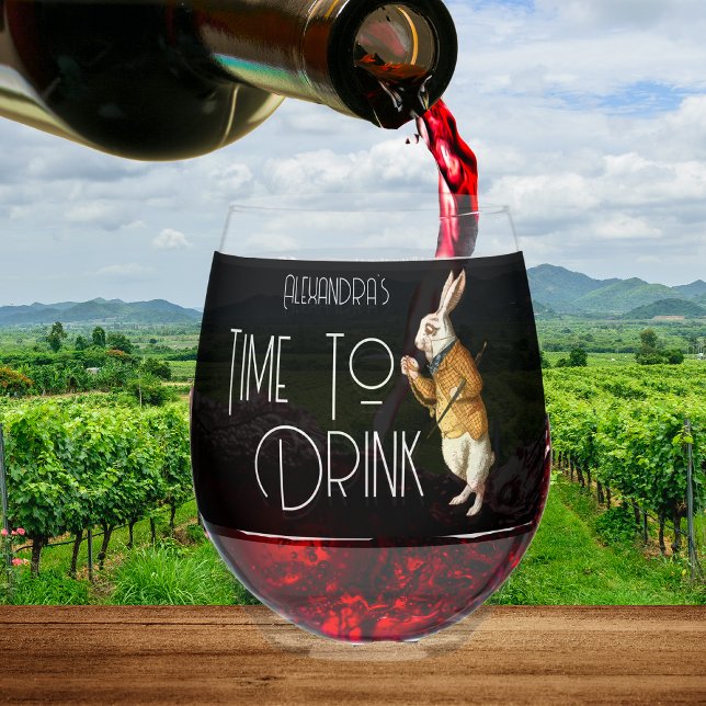 Personalised  White Rabbit Time To Drink Stemless Wine Glass (Creator Uploaded)