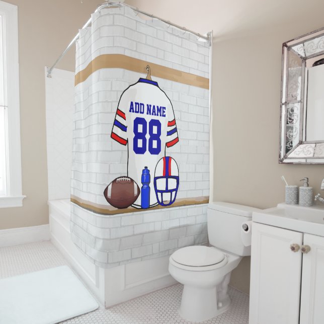 Personalised White Red Blue Football Jersey Shower Curtain (In Situ)