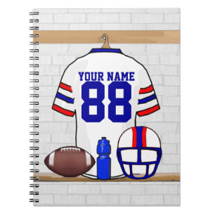 Personalised White Red Blue Football Jersey Spiral Notebook