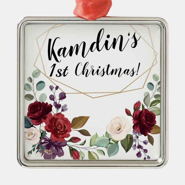 Personalised White Roses Gold Geometric Flor Metal Tree Decoration (Front)