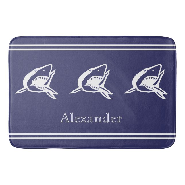 Personalised White Shark on blue background Bath Mat (Front)