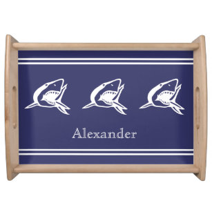 Personalised White Shark on blue background Serving Tray