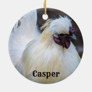 Personalised White Silkie Pet Chicken Rooster Ceramic Tree Decoration