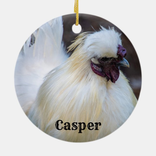 Personalised White Silkie Pet Chicken Rooster Ceramic Tree Decoration (Back)