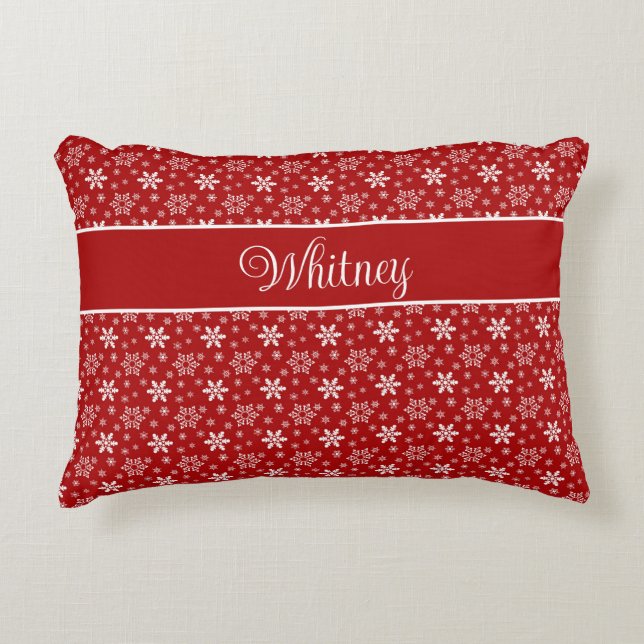 Personalised White Snowflakes on Red   Decorative Cushion (Front)