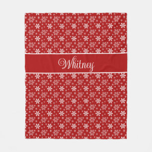 Personalised White Snowflakes on Red  Fleece Blanket
