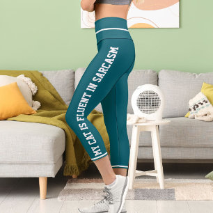 Personalised White Teal Fun Comic Style Cat Theme Capri Leggings