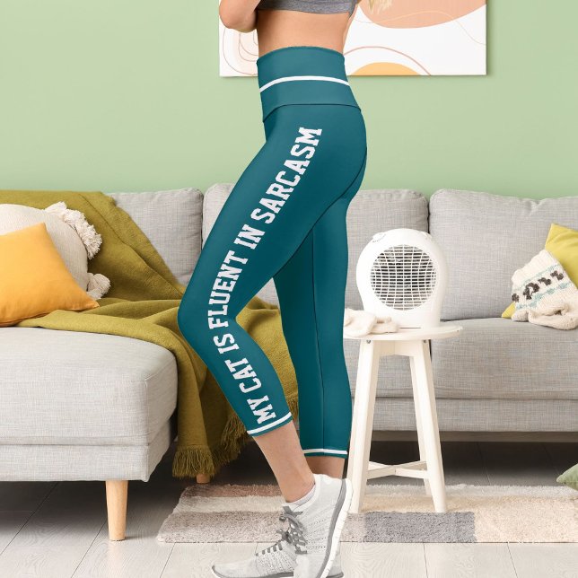 Personalised White Teal Fun Comic Style Cat Theme Capri Leggings (Creator Uploaded)