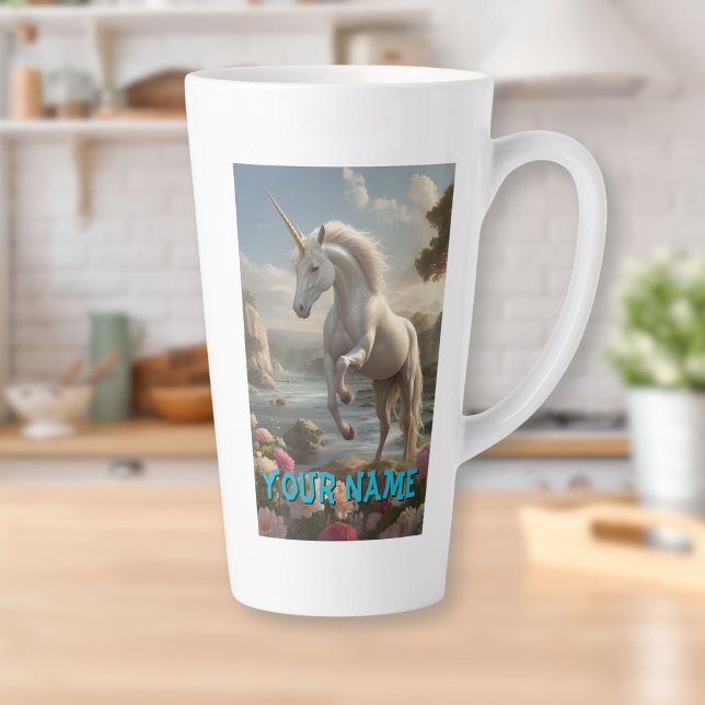 Personalised White Unicorn Flower Stream Latte Mug (Personalized White Unicorn Flower Stream Latte Mug)