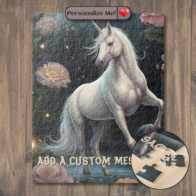 Personalised White Unicorn Flowers Jigsaw Puzzle (Personalized White Unicorn Flowers Jigsaw Puzzle)