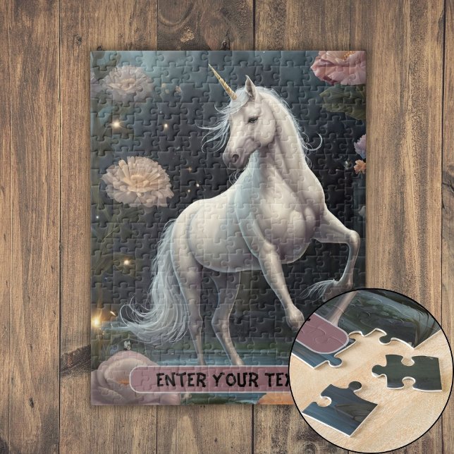 Personalised White Unicorn Flowers Jigsaw Puzzle (Personalized White Unicorn Flowers Jigsaw Puzzle)