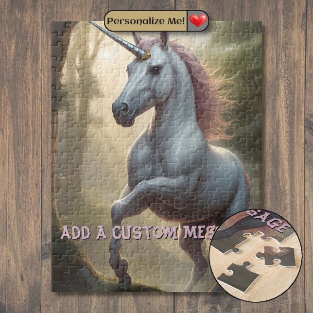 Personalised White Unicorn in Forest Jigsaw Puzzle (Personalized White Unicorn in Forest Jigsaw Puzzle)