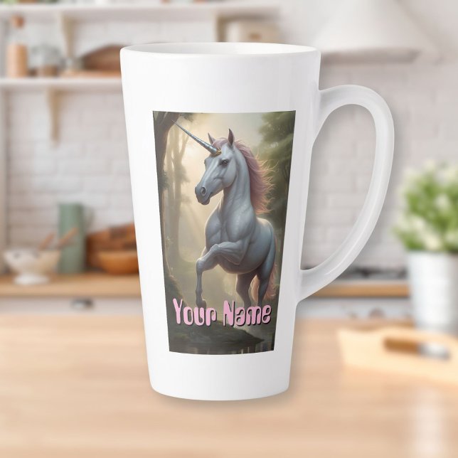 Personalised White Unicorn in Forest Latte Mug (Personalized White Unicorn in Forest Latte Mug)