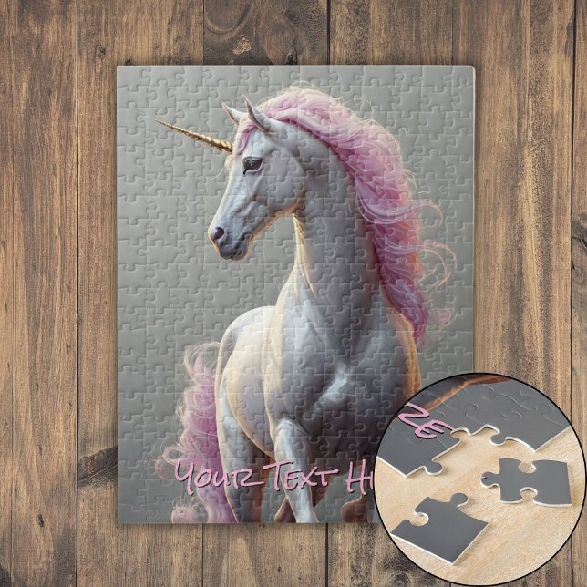 Personalised White Unicorn with Pink Mane Jigsaw Puzzle (Personalized White Unicorn with Pink Mane Jigsaw Puzzle)