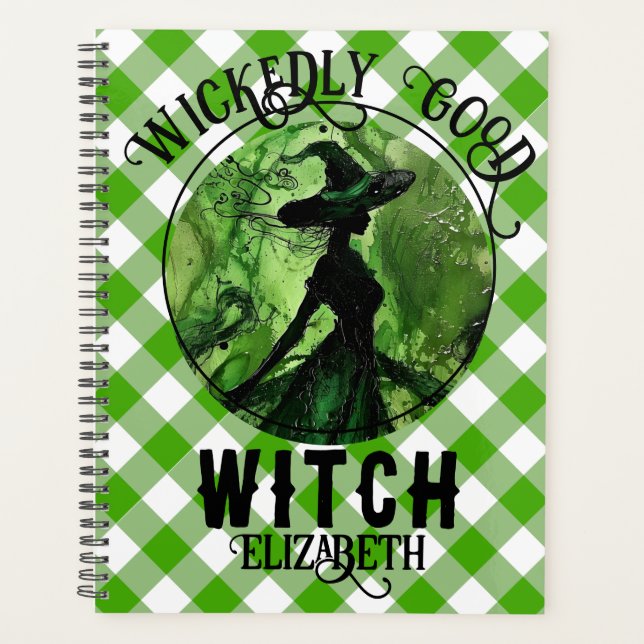 Personalised Wickedly Good Witch Green Gingham Planner (Front)