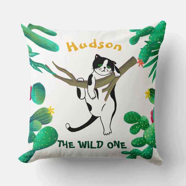 Personalised Wild One Cacti Cat Kids 1st Birthday Cushion (Front)