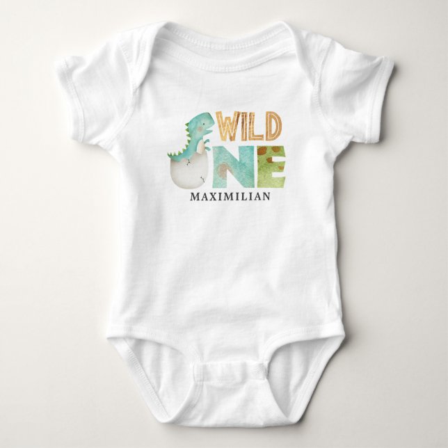 Personalised WILD ONE Dinosaur 1st Birthday Baby Bodysuit (Front)