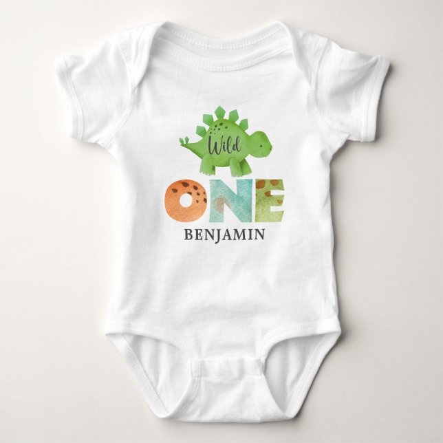 Personalised WILD ONE Dinosaur First Birthday Baby Baby Bodysuit (Front)