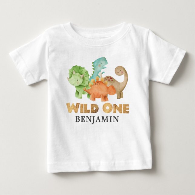 Personalised Wild ONE Dinosaurs 1st Birthday Baby T-Shirt (Front)