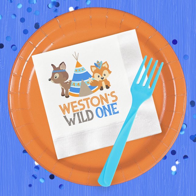 Personalised Wild One Fox and Deer 1st Birthday Napkin (Personalized Wild One Fox & Deer 1st Birthday Party Napkins in Royal Blue, Baby Blue and Orange)