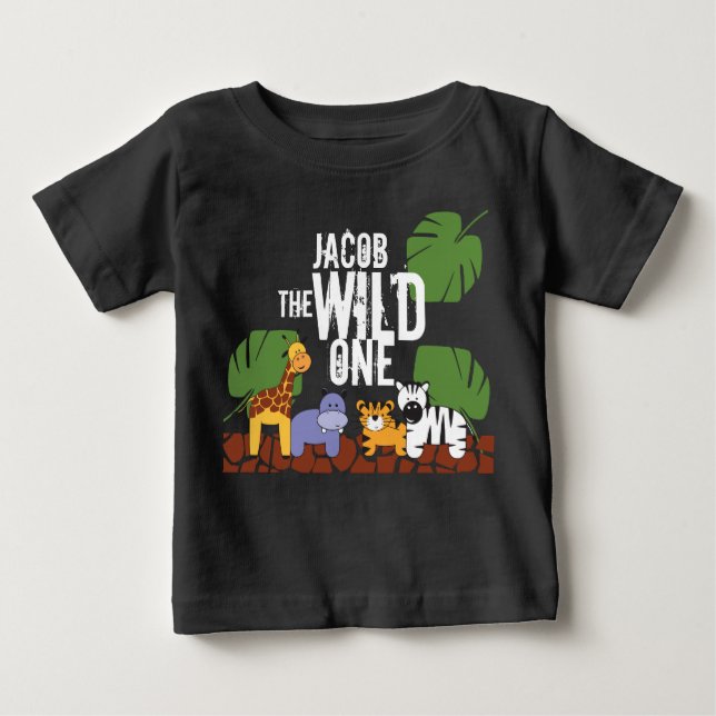 Personalised WILD ONE Green Safari 1st Birthday Baby T-Shirt (Front)