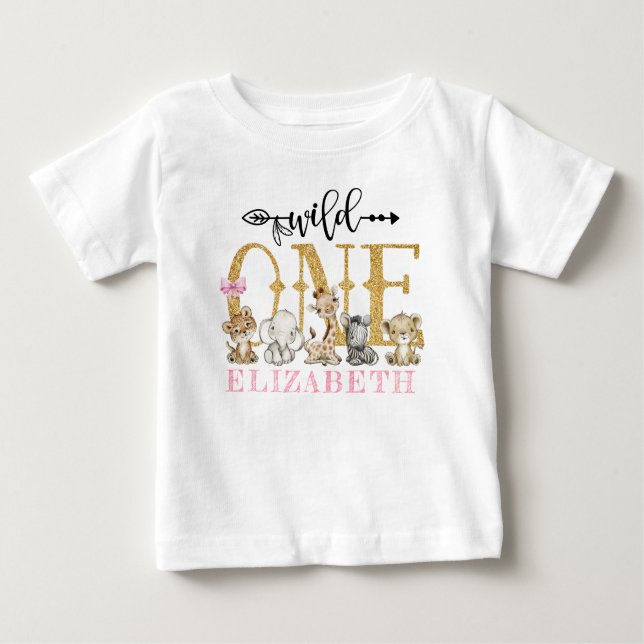 Personalised WILD ONE Pink Safari First Birthday Baby T-Shirt (Front)
