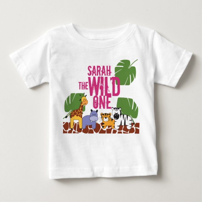Personalised WILD ONE Safari First Birthday Pink Baby T-Shirt (Front)