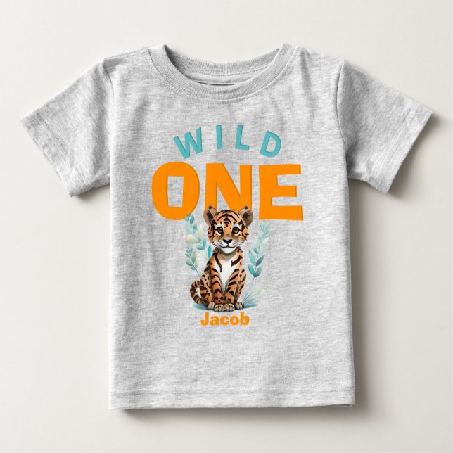 Personalised WILD ONE Tiger First Birthday Junglep Baby T-Shirt (Front)