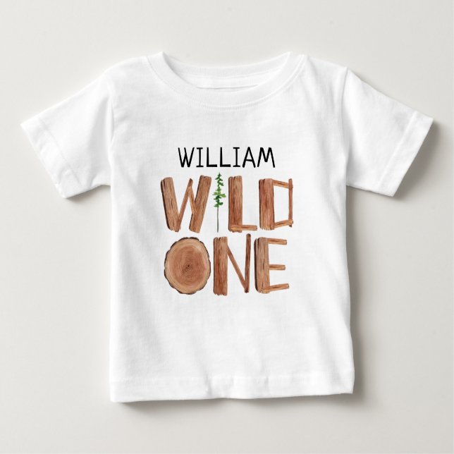 Personalised Wild One Wood 1st Birthday Baby T-Shirt (Front)