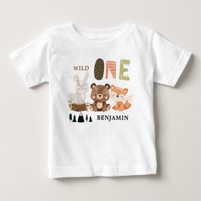 Personalised WILD ONE Woodland First Birthday  Baby T-Shirt (Front)
