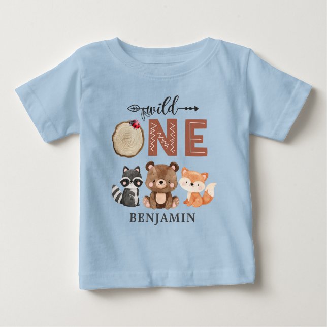 Personalised WILD ONE Woodland First Birthday Baby T-Shirt (Front)