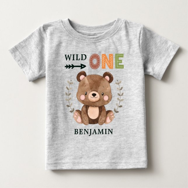 Personalised WILD ONE Woodland First Birthday Baby T-Shirt (Front)